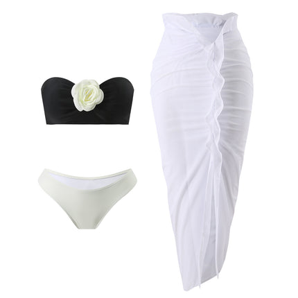 2025 European and American Color Matching Sexy New Rose Three-Piece Mesh Long Skirt Swimsuit Swimsuit Bikini Bikini