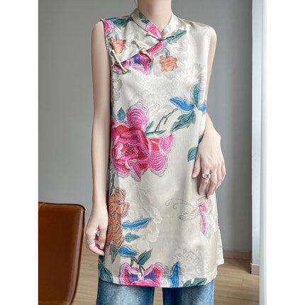 New Chinese Style Satin Stand Collar Sleeveless Vest for Women 2025 Summer New Style Buckle Printed Loose Top