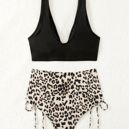 New Foreign Trade Two-Piece Swimsuit European and American Sexy Criss-Cross Ruched Bikini High-Waisted Leopard Print Swimsuit Women's Bikini