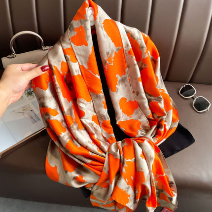 Korean-style Brocade Satin Orange Camouflage Silk Scarf Spring and Summer Thin Sunscreen Beach Towel Women's All-match Decorative Shawl