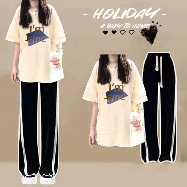 Pure Cotton Short-Sleeved T-Shirt Two-Piece Set for Junior High School Students, Loose Round Neck Top for Girls, Thin, Lazy Style, 2024 New Style