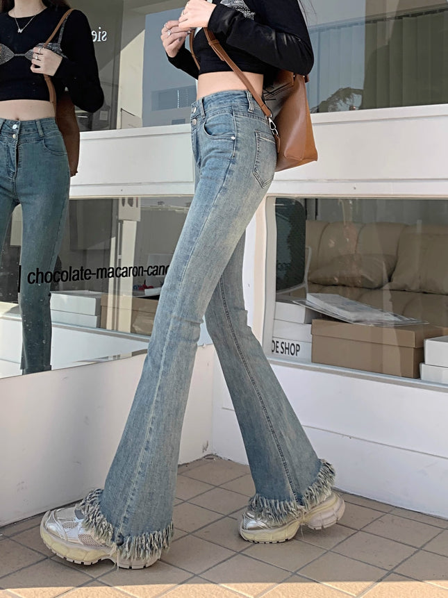 Design Tassel Micro-flared Jeans Women's Spring 2024 New Retro Light-colored High-waisted Slim-fit Mop Pants