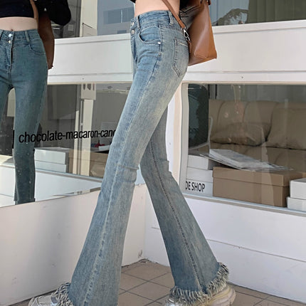 Design Tassel Micro-flared Jeans Women's Spring 2024 New Retro Light-colored High-waisted Slim-fit Mop Pants