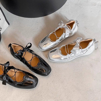 Sheepskin Version ~ Niche Fashion Strappy Ballet Casual Sneakers for Women Thick-Soled Bow Silver Mary Jane Shoes