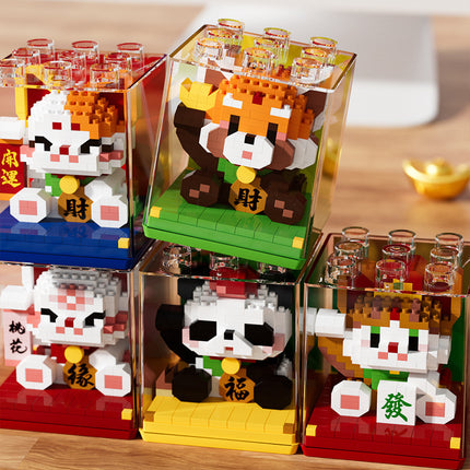 Compatible with Lego Bricks, Bring in Wealth and Treasure Cat, Panda, Chinese Trendy Building Blocks, Children's Educational Toys, New Year Year of the Horse Mascot Ornaments