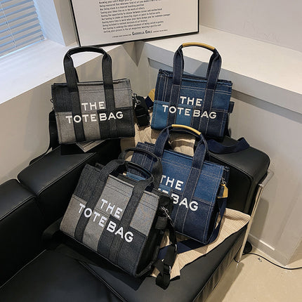 Bags for Women 2025 Cross-Border New Embroidered Letters Hand-Held Crossbody Bag Denim Blue Retro Splicing Tote Bag