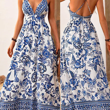 Cross-border Amazon European and American Women's Fashion Elegant Deep V-neck Back Cross Long Printed dress