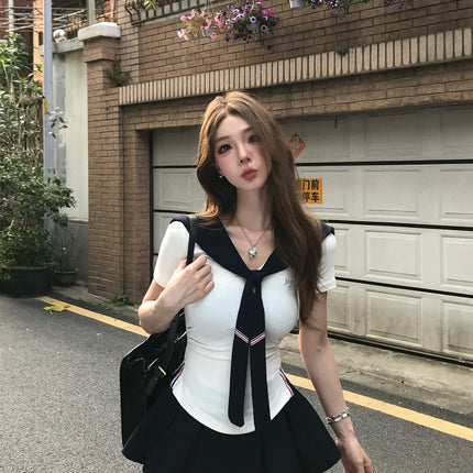 College Style Sexy Suit for Women Summer New T-Shirt Top Pleated Skirt Two-Piece Set for Small People