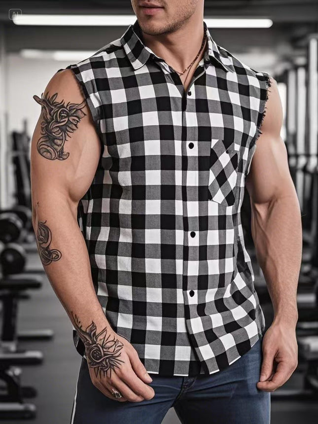 Cross-border Foreign Trade Men's plus size Sleeveless Plaid Shirt Loose Breathable Rag Casual All-match Men's Vest