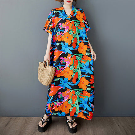 2025 Summer New Bohemian Casual Vacation Dress Women's plus size Loose Short-sleeved Western Style Elegant dress