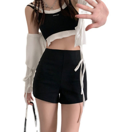 Small Wide Leg Shorts Thin High Waist Suit Shorts Women's Slimming Casual Anti-walking Light Size Black Autumn