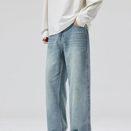 LKTM Men's# Spring and Summer light blue Washed Cat Whiskers Jeans Men's and Women's Trendy All-match Loose Straight Pants