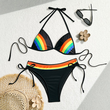 Bikini Rainbow Two-Piece Swimsuit Gradient Sexy Backless Halter Amazon European and American Bikini Swimsuit Women's Swimwear