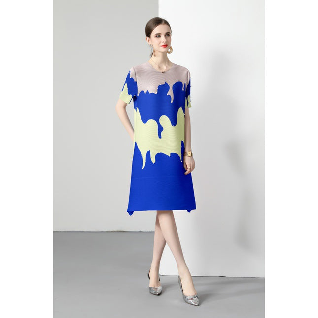 Miyake Pleated 2 Color Optional Contrast Ice-cream Printed Beaded dress Sweet Slimming Women's Crewneck A- Line Skirt