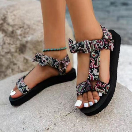 Cross-border plus size Velcro Women's Buckle Sandals 2025 New Open Toe Mesh Bow-tie Shoes