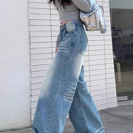 Summer 2025 Washed Vintage Distressed Blue Jeans for Women, High-Waisted Versatile Wide-Leg Pants, Floor-Length Pants