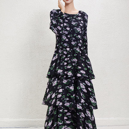 Black Crewneck Long Sleeve Floral Waist French Long Dress 2024 Autumn and Winter New Pleated Printed Cake Dress dress