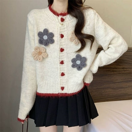 French-Style Floral Round-Neck Sweater Cardigan for Women, Autumn and Winter New Lazy Style Petite Short Knitted Cardigan Trendy