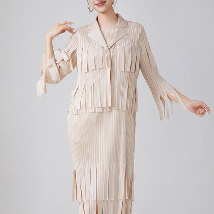 Women's Elegant Fashion Suit Women's High-End Tassel Sleeveless Dress Cardigan Shawl Jacket Miyake Two-Piece Spring Set