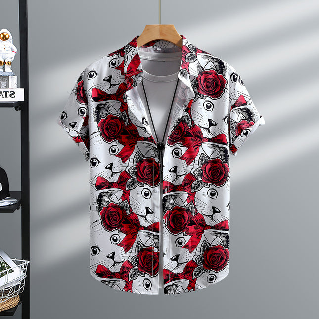 Foreign Trade Men's Short-sleeved Shirt Red Rose White Cat Print Middle East Retro Summer 2025 New Cross-border
