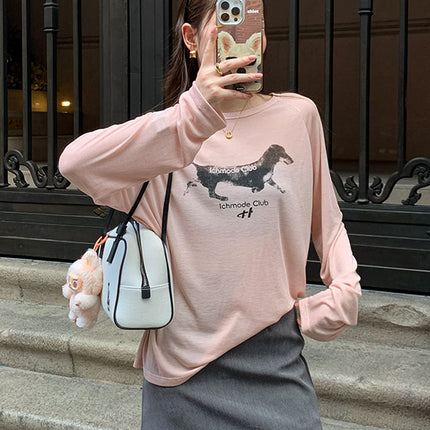 Lyocell Lazy Style Retro Dog Print Sun-Protective Long-Sleeve T-Shirt Summer Loose Versatile Top Blouse Versatile Top
