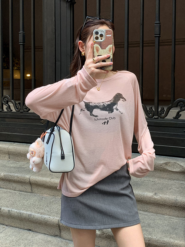 Lyocell Lazy Style Retro Dog Print Sun-Protective Long-Sleeve T-Shirt Summer Loose Versatile Top Blouse Versatile Top