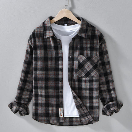Autumn Men's Brushed Plaid Long-Sleeved Shirt Jacket Trendyy Casual Loose Versatile Young Men's Shirt 3306