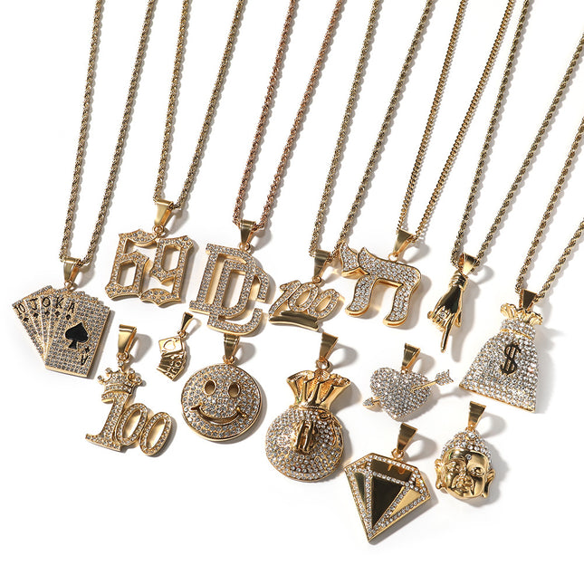 European and American Cross-border Hot Selling Stainless Steel Real Gold Electroplated Pouch Alphabetic Digital Hip Hop Trend Pendant Niche Jewelry