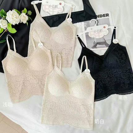 Popular Xiaoyunji Lace Spaghetti Strap Seamless Camisole with Built-In Bra Pads Versatile Beautiful Back Underwear