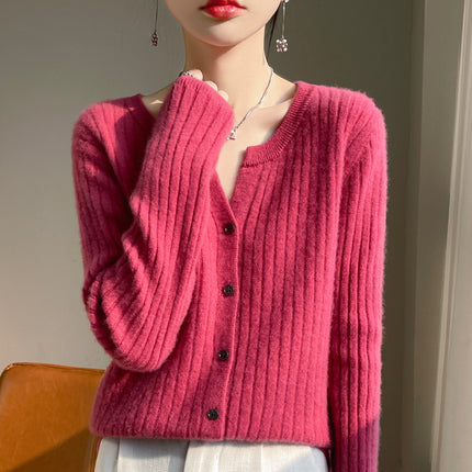 Korean-style Round V-neck Pit-strip Cardigan Women's Knitted Sweater Top Long-sleeved Solid Color Jacket Spring/Autumn/Winter Women's Knitted Jacket