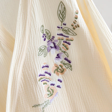 Pure Cotton Double-layer Gauze Embroidered Nightgown Women's Spring and Summer Thin Cotton Crepe Mid-length Kimono Bathrobe Sweatshirt