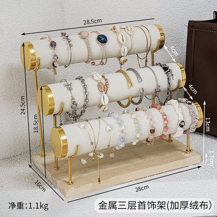 Golden Three-layer Jewelry Display Rack Bracelet Rack Iron Jewelry Props Stepped Wooden Base Bracelet Stand Stall