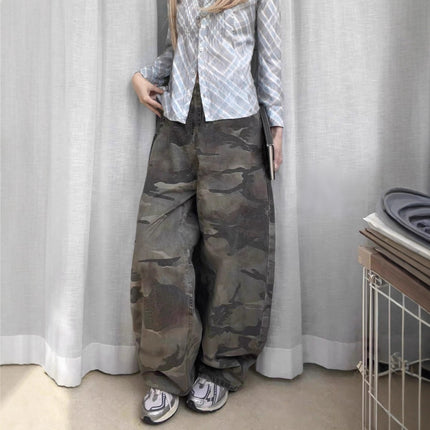 Fansiyu 2025 Summer New American Retro Camouflage Work Jeans Women's High-Waisted Loose Wide-Leg Floor-Length Pants