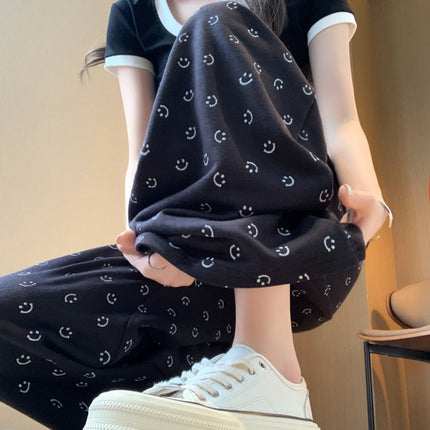 Grey Smiley Print Straight Leg Wide Leg Pants Women's Spring and Autumn New High Waist Dumping Sports Pants Loose Slimming Casual