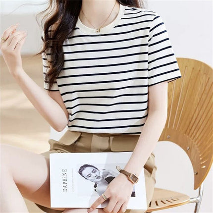 Korean Style Fashionable Half-Sleeved Women's Summer Black and White Stripesd Short-Sleeved T-Shirt Hong Kong Style Stitching Contrasting Color Bottoming Top Ins Half-Sleeved