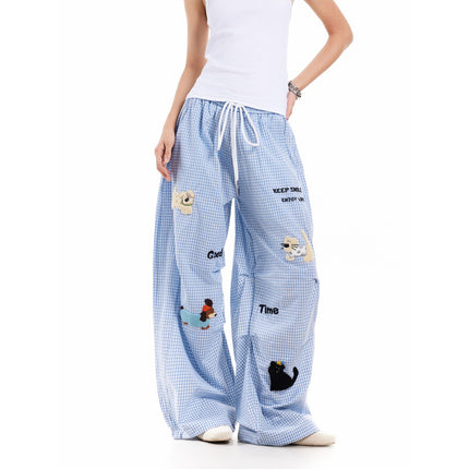 American-Style Lazy Puppy Towel Embroidered Plaid Long Pants Retro Loose Design Straight Drape Casual Pants Trendy Women's Style