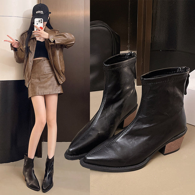 Pointed Toe Short Boots for Women New 2025 Autumn and Winter Women's Boots Medium Heel Short Boots Niche Design Slim Boots Thick Heel Leather Boots