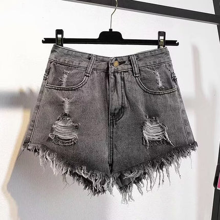 Hot girl ripped Denim shorts women's summer thin loose high waist slimming design sense niche wide leg hot pants fashion