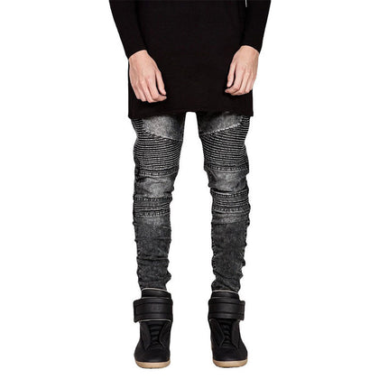 Foreign Trade Cross-border Men's Jeans Ruffle Slim-fit Elastic Leggings Motorcycle Jeans Casual Pencil Trousers
