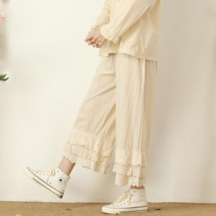 Japanese Women's Sweet and Fresh Wide-leg Pants Multi-layer Lace-trimmed Casual All-match Leggings Cotton and Linen Loose Ankle-length Pants