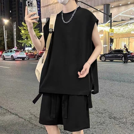 Summer New Trendy Loose-Fitting Large-Size Vest Set for Teenagers, Two-Piece Sports Set, Men's Sleeveless Vest, Casual