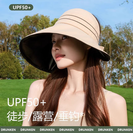 Hat Women's 2025 Summer Popular Large Brim Vinyl Half-Hollow Top Sun Hat Can Tie Ponytail Outdoor Sun Protection Sun Hat