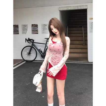 Bow Pure Desire Style Strap Sling dress Long-sleeved T-shirt suit Thin Summer Spicy Two-piece Set