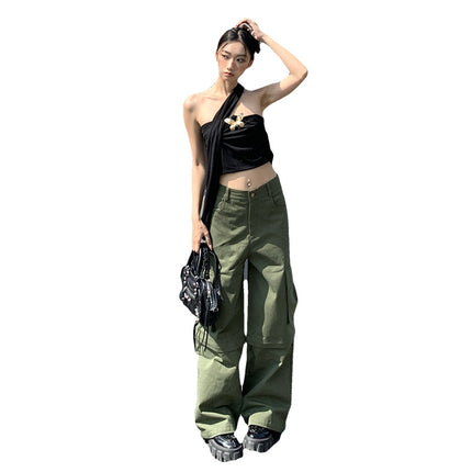 American Fashion Trendy Summer New Style Removable Two-Wear Army Green Casual Wide-Leg Multi-Pocket Crane Pants for Women