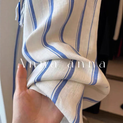 Highly Recommended! Blue and White Striped Linen Wide-Leg Pants 2025 Summer Lazy Drape Cotton-Linen Floor-Length Pants