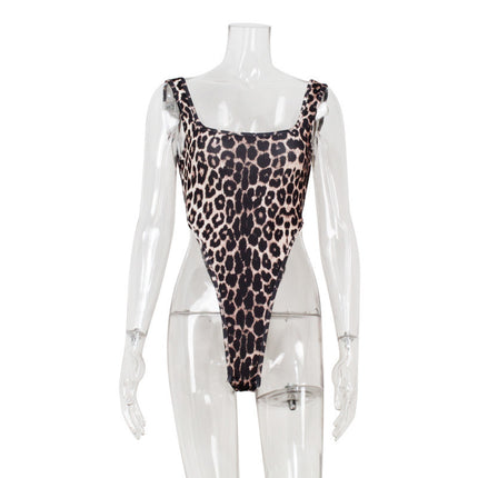 European and American Cross-Border Women's Clothing Low-Neck Sleeveless Backless Leopard Print Casual Sexy Tight-Fitting Jumpsuit Trendy European and American Style