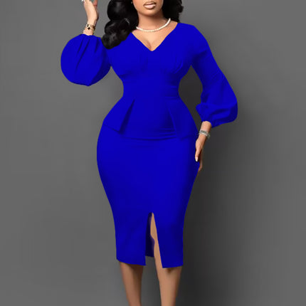 D354 Amazon European and American Women's V-neck Puff Sleeve Split Dress office Pencil Skirt African Dress