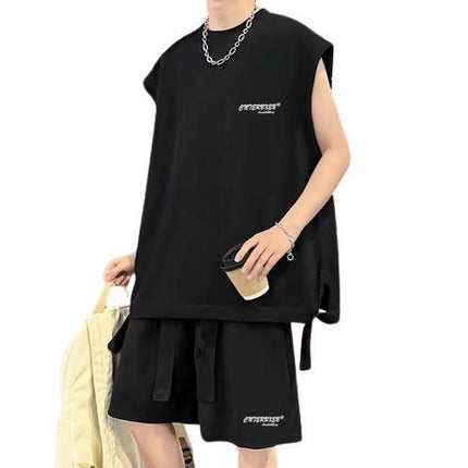 Summer New Trendy Loose-Fitting Large-Size Vest Set for Teenagers, Two-Piece Sports Set, Men's Sleeveless Vest, Casual