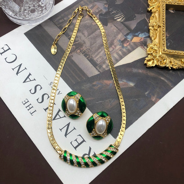 Artistic Retro Green Enamel Glaze Plated Real Gold Copper Chain Necklace Pearl Diamond Earrings Elegant Set