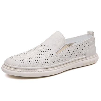 Men's Genuine Leather Shoes 2026 Summer New Style Breathable Hollow Slip-On Loafers Trendy Men's Soft Shoes